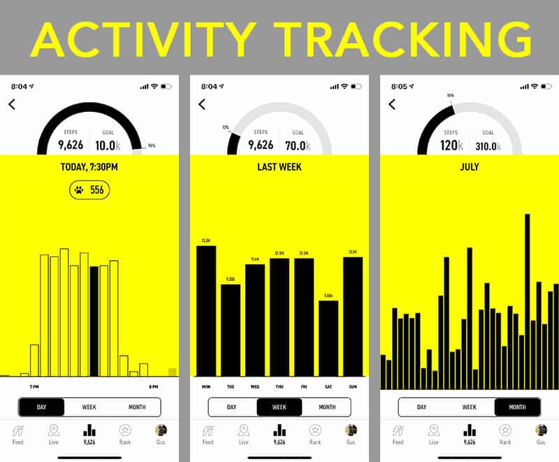 Fi mobile app screenshots of activity tracking by day, week, and month.