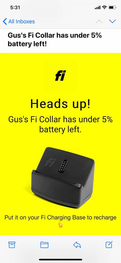 Fi collar low battery email notification